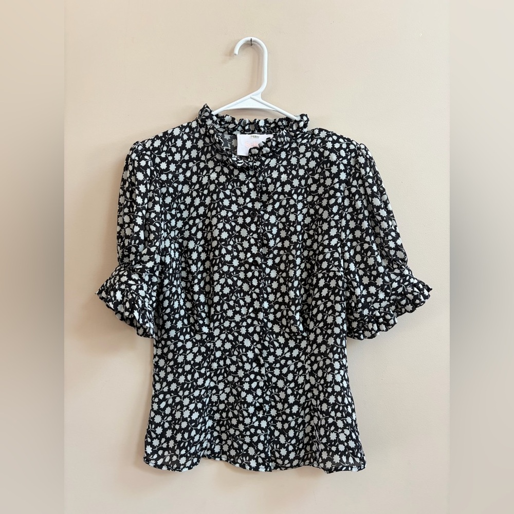 Selkie Bistro Blouse Puffed Sleeve Button Floral Short Sleeve Top Blouse Shirt